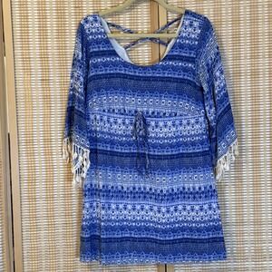 Be Bop Womens L Tunic Blue White Batik 3/4 Sleeve Lace Trim Boho Cottagecore